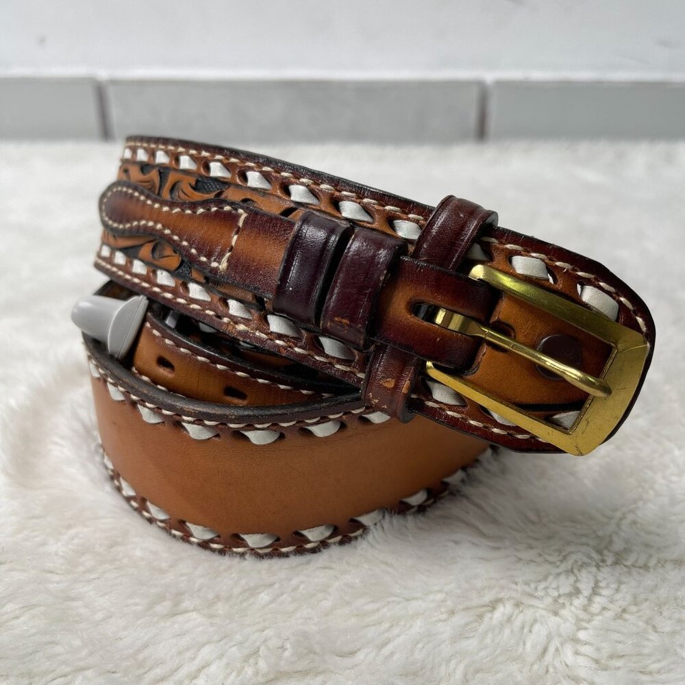 Tony Lama Brown and Tan Leather Belt with Gold Buckle